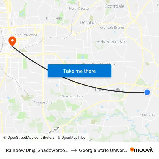 Rainbow Dr @ Shadowbrook Dr to Georgia State University map