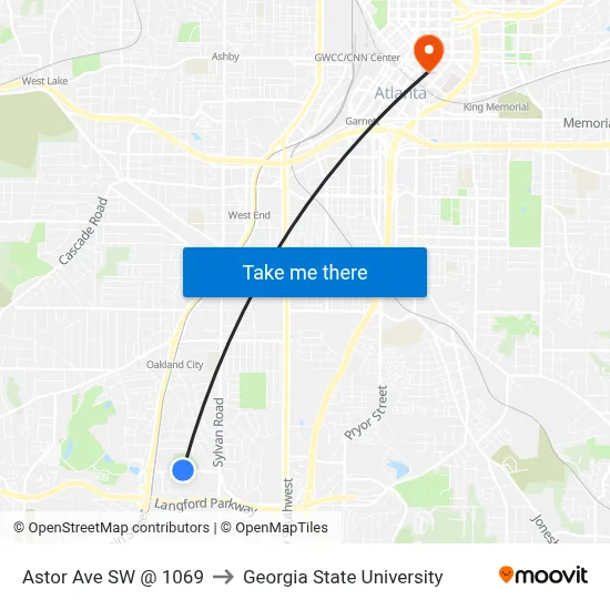 Astor Ave SW @ 1069 to Georgia State University map