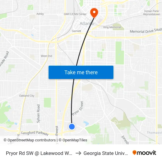 Pryor Rd SW @ Lakewood Way SW to Georgia State University map