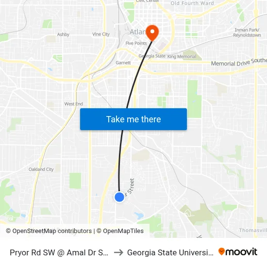 Pryor Rd SW @ Amal Dr SW to Georgia State University map