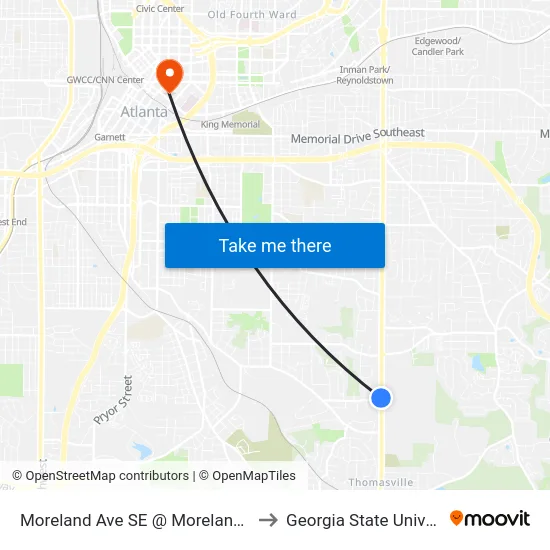 Moreland Ave SE @ Moreland Dr SE to Georgia State University map