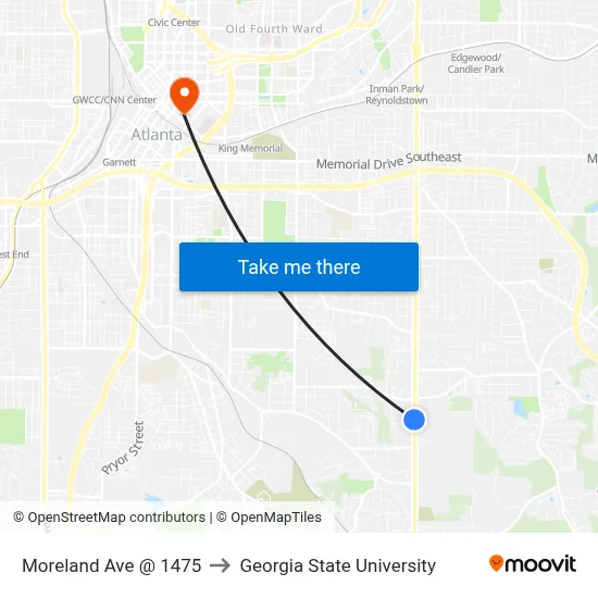 Moreland Ave @ 1475 to Georgia State University map