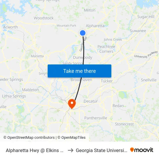 Alpharetta Hwy @ Elkins Rd to Georgia State University map