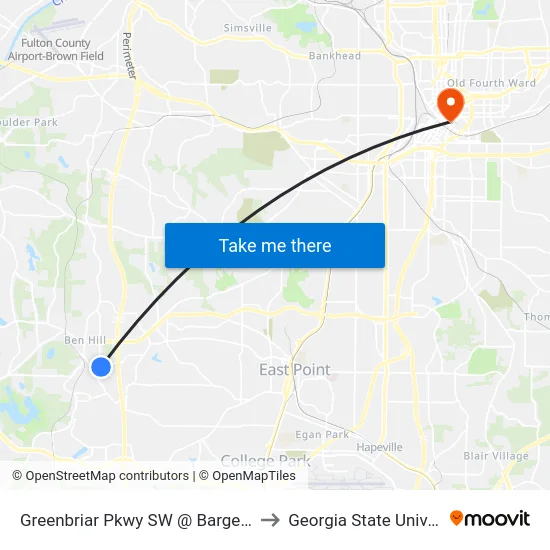 Greenbriar Pkwy SW @ Barge Rd SW to Georgia State University map