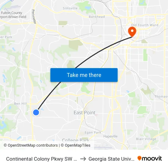 Continental Colony Pkwy SW @ 3030 to Georgia State University map