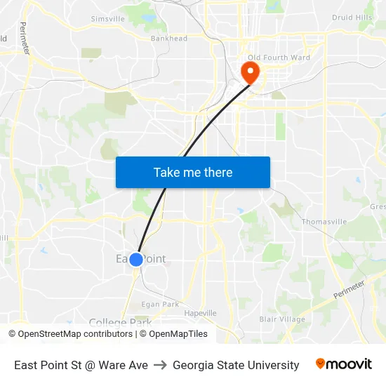 East Point St @ Ware Ave to Georgia State University map