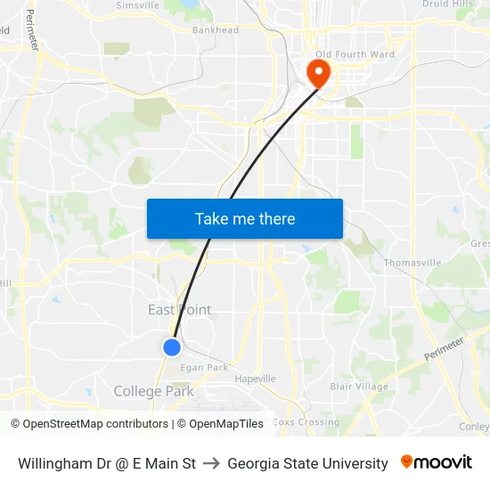 Willingham Dr @ E Main St to Georgia State University map