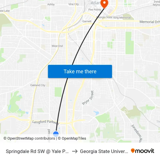 Springdale Rd SW @ Yale Pl SW to Georgia State University map