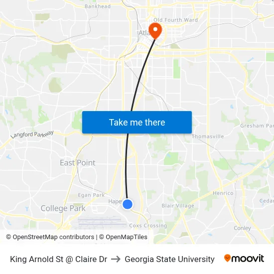 King Arnold St @ Claire Dr to Georgia State University map