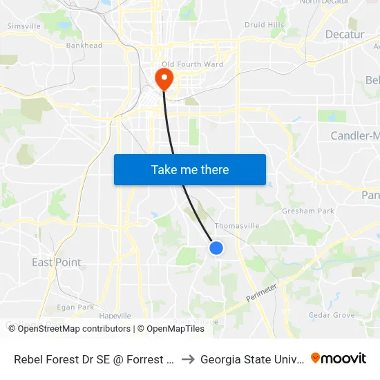 Rebel Forest Dr SE @ Forrest Park Rd to Georgia State University map