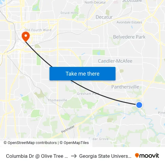 Columbia Dr @ Olive Tree Ct to Georgia State University map