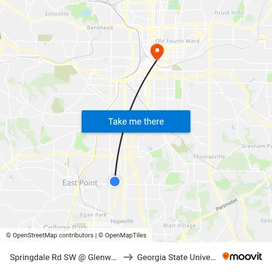 Springdale Rd SW @ Glenway Dr to Georgia State University map