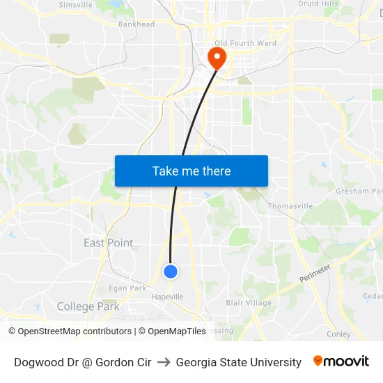 Dogwood Dr @ Gordon Cir to Georgia State University map
