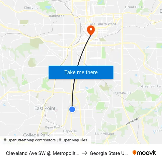 Cleveland Ave SW @ Metropolitan Pkwy SW to Georgia State University map