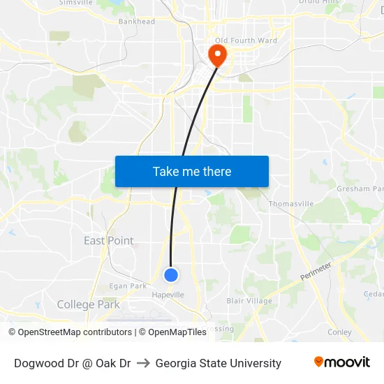 Dogwood Dr @ Oak Dr to Georgia State University map