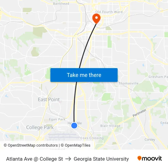 Atlanta Ave @ College St to Georgia State University map