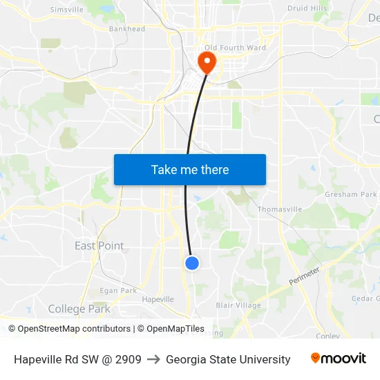 Hapeville Rd SW @ 2909 to Georgia State University map