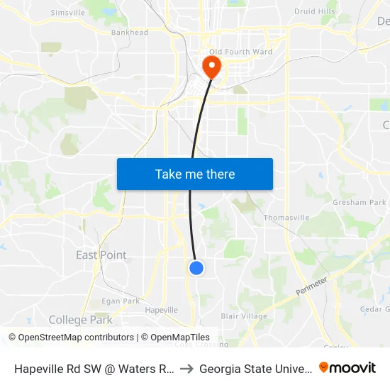 Hapeville Rd SW @ Waters Rd SW to Georgia State University map