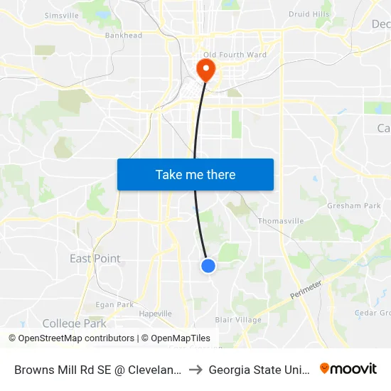 Browns Mill Rd SE @ Cleveland Ave SE to Georgia State University map