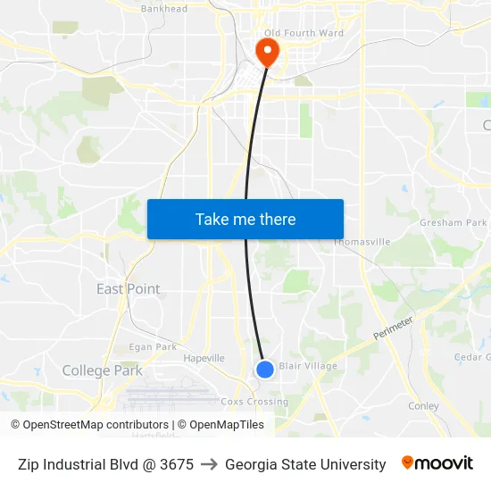 Zip Industrial Blvd @ 3675 to Georgia State University map