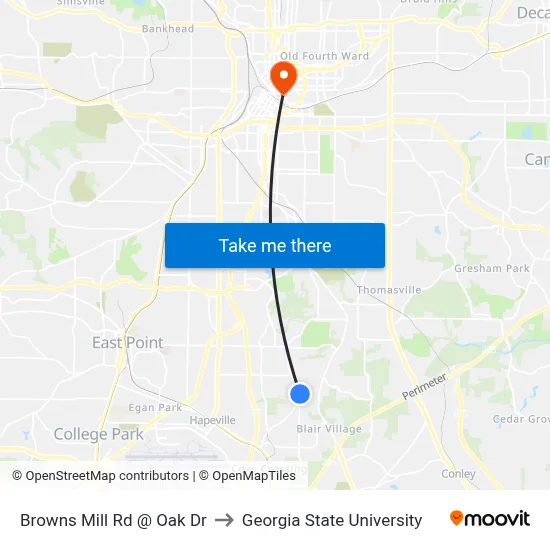 Browns Mill Rd @ Oak Dr to Georgia State University map