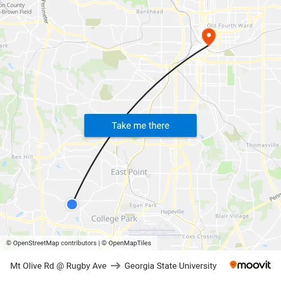 Mt Olive Rd @ Rugby Ave to Georgia State University map
