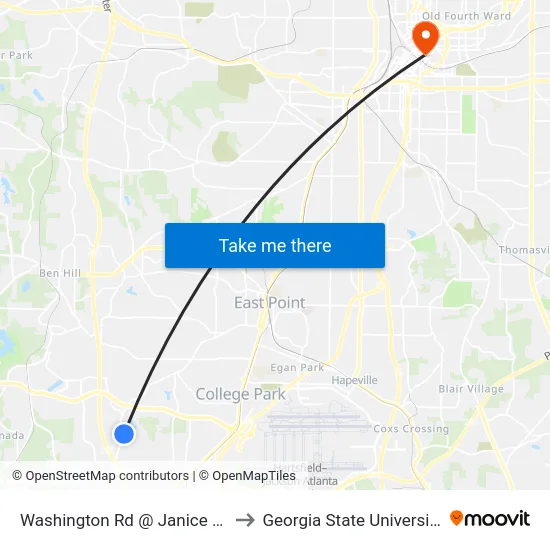 Washington Rd @ Janice Dr to Georgia State University map