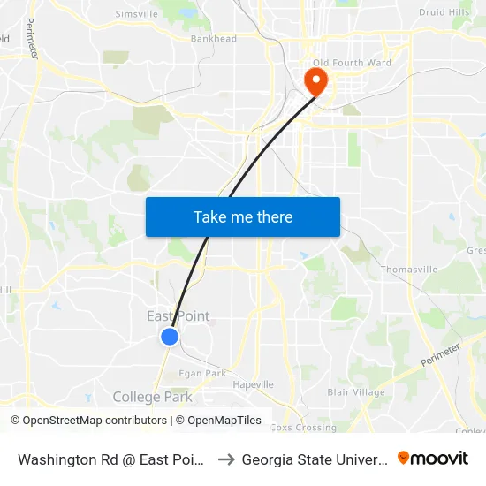 Washington Rd @ East Point St to Georgia State University map