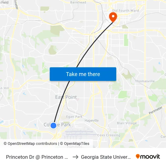 Princeton Dr @ Princeton Ave to Georgia State University map
