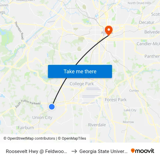 Roosevelt Hwy @ Feldwood Rd to Georgia State University map