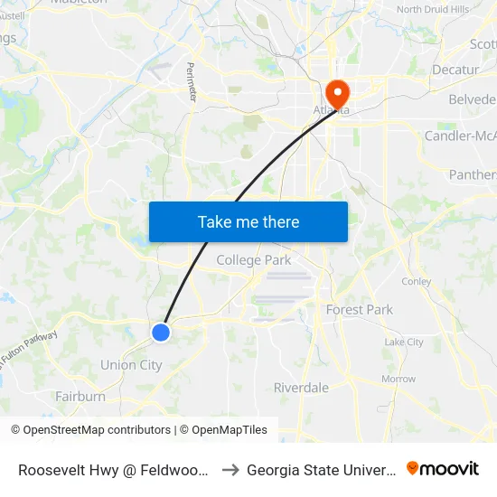 Roosevelt Hwy @ Feldwood Rd to Georgia State University map