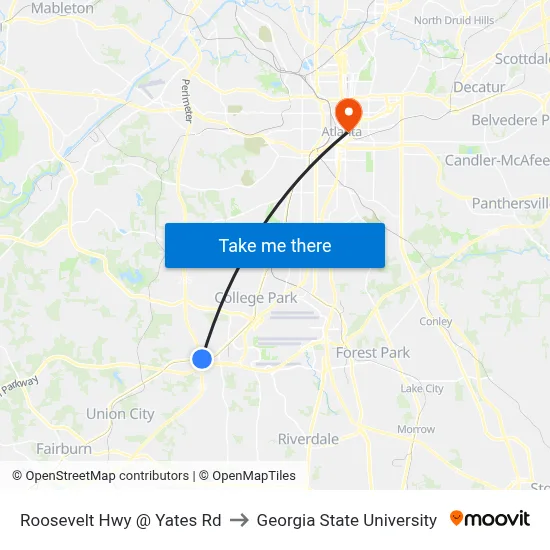 Roosevelt Hwy @ Yates Rd to Georgia State University map