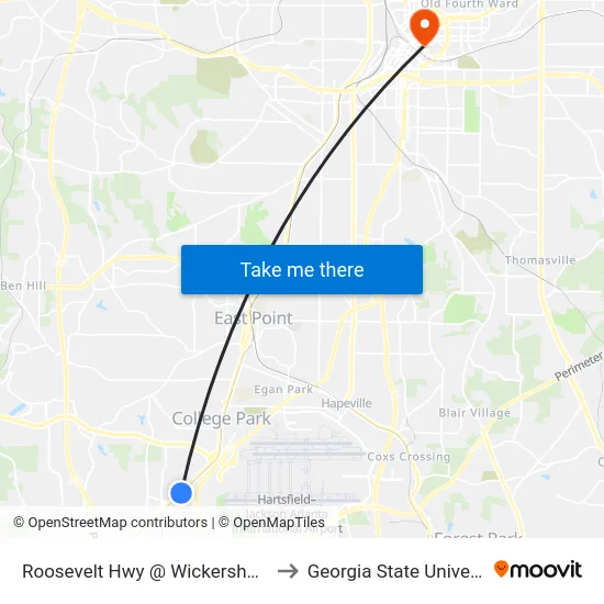 Roosevelt Hwy @ Wickersham Dr to Georgia State University map
