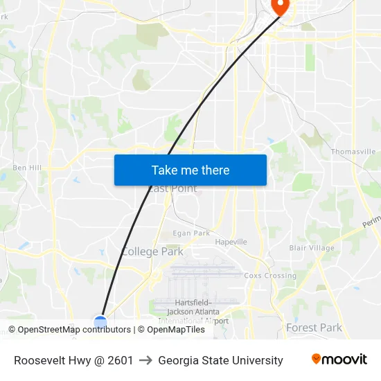 Roosevelt Hwy @ 2601 to Georgia State University map