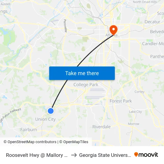 Roosevelt Hwy @ Mallory Rd to Georgia State University map