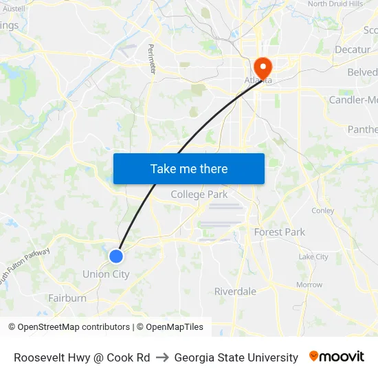 Roosevelt Hwy @ Cook Rd to Georgia State University map