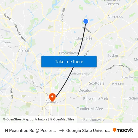 N Peachtree Rd @ Peeler Rd to Georgia State University map