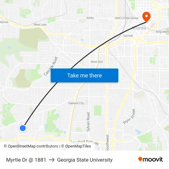 Myrtle Dr @ 1881 to Georgia State University map