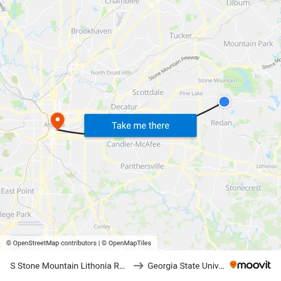 S Stone Mountain Lithonia Rd @ 490 to Georgia State University map