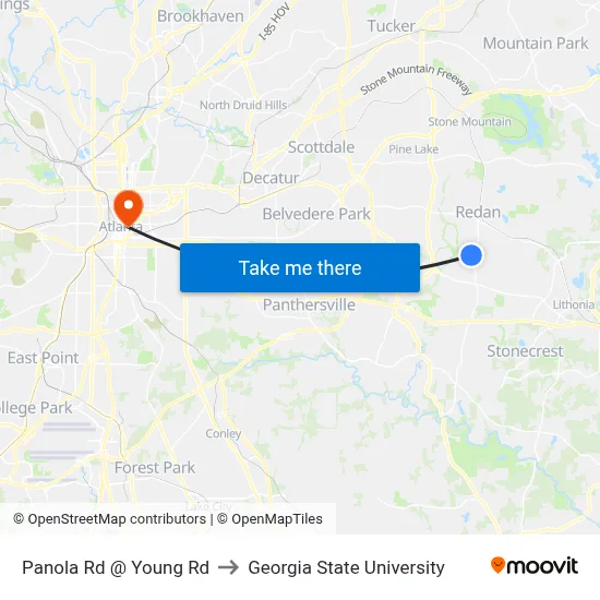 Panola Rd @ Young Rd to Georgia State University map