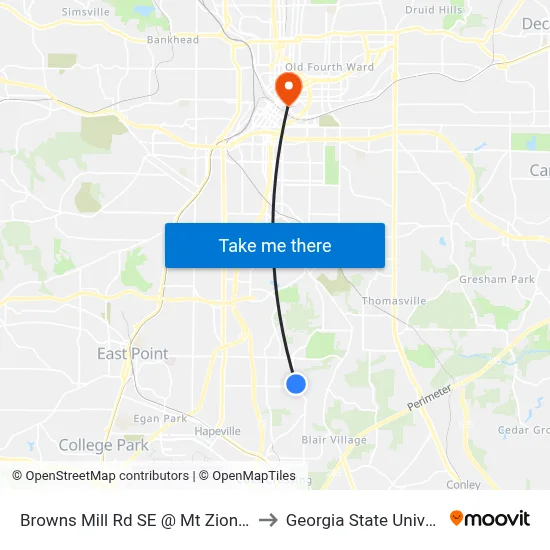 Browns Mill Rd SE @ Mt Zion Rd SE to Georgia State University map