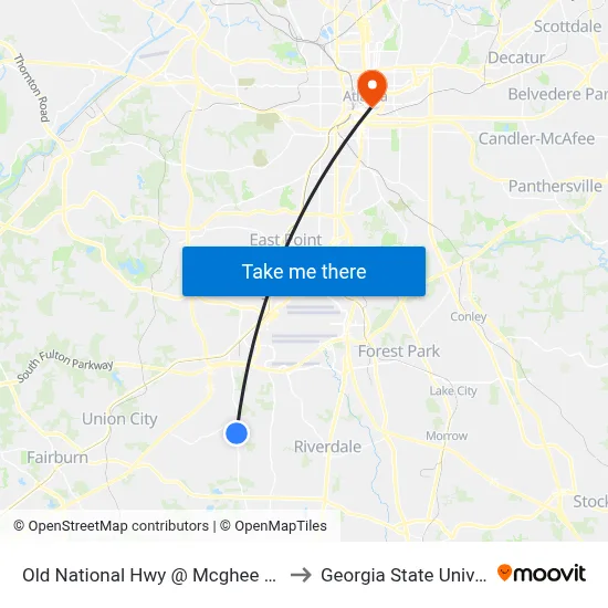 Old National Hwy @ Mcghee Landing to Georgia State University map