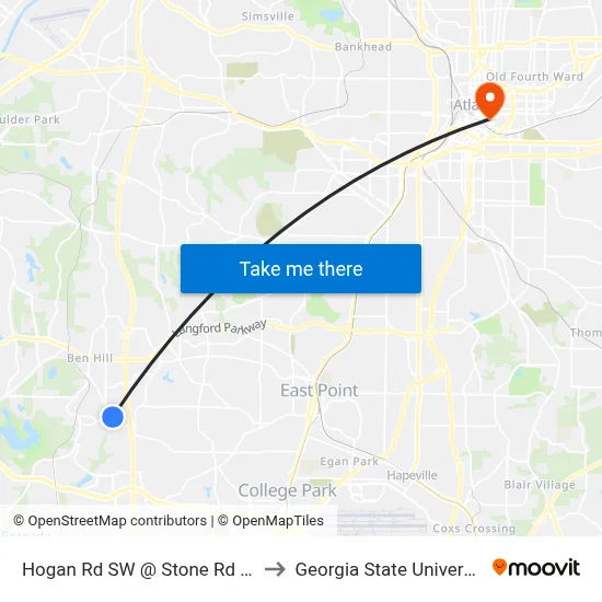 Hogan Rd SW @ Stone Rd SW to Georgia State University map