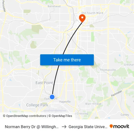 Norman Berry Dr @ Willingham Dr to Georgia State University map