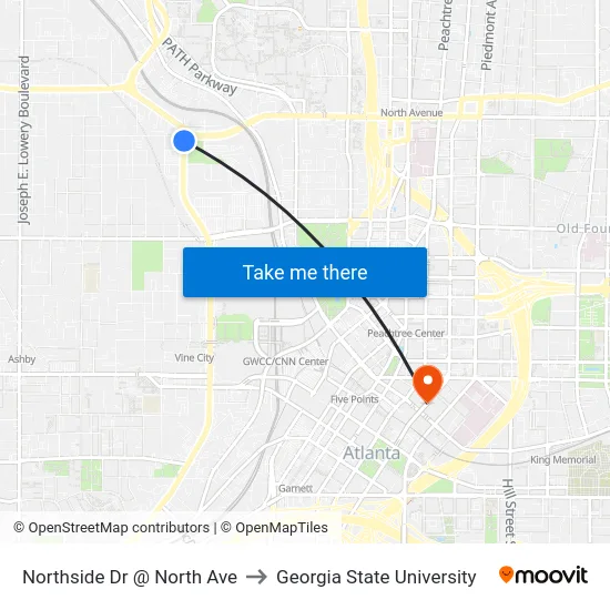 Northside Dr @ North Ave to Georgia State University map