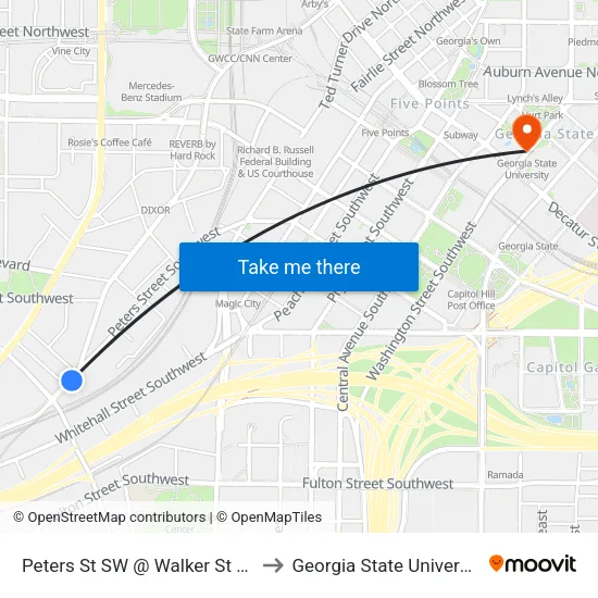 Peters St SW @ Walker St SW to Georgia State University map