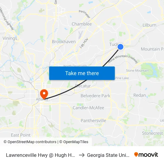 Lawrenceville Hwy @ Hugh Howell Rd to Georgia State University map