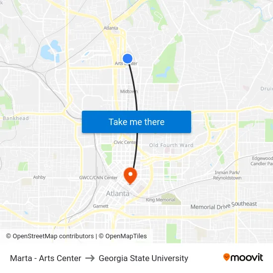 Marta - Arts Center to Georgia State University map