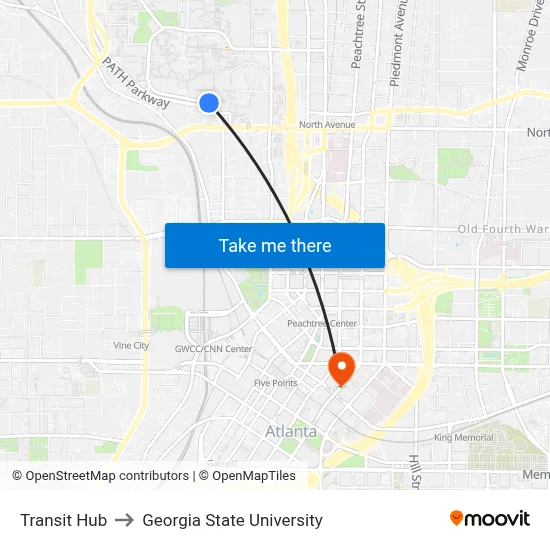 Transit Hub to Georgia State University map