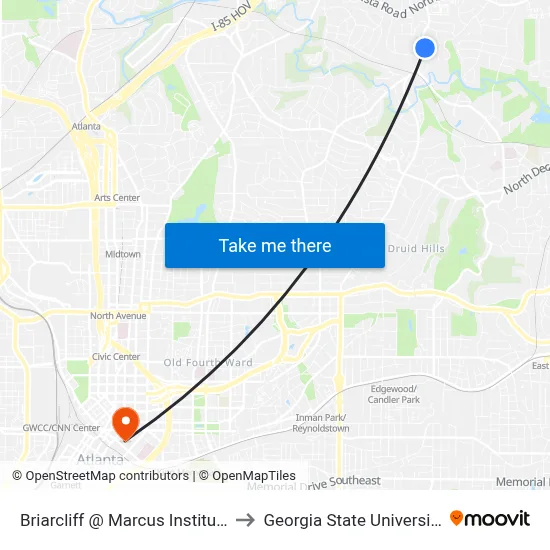Briarcliff @ Marcus Institute to Georgia State University map